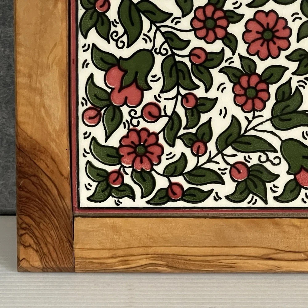 Vintage Tile Trivet Ceramic Floral Olive Wood Frame 8